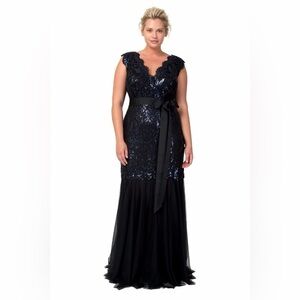 Tadashi Shoji Sequin and Tulle Lace Mermaid Gown Ribbon Tie in Navy 3T1430LX